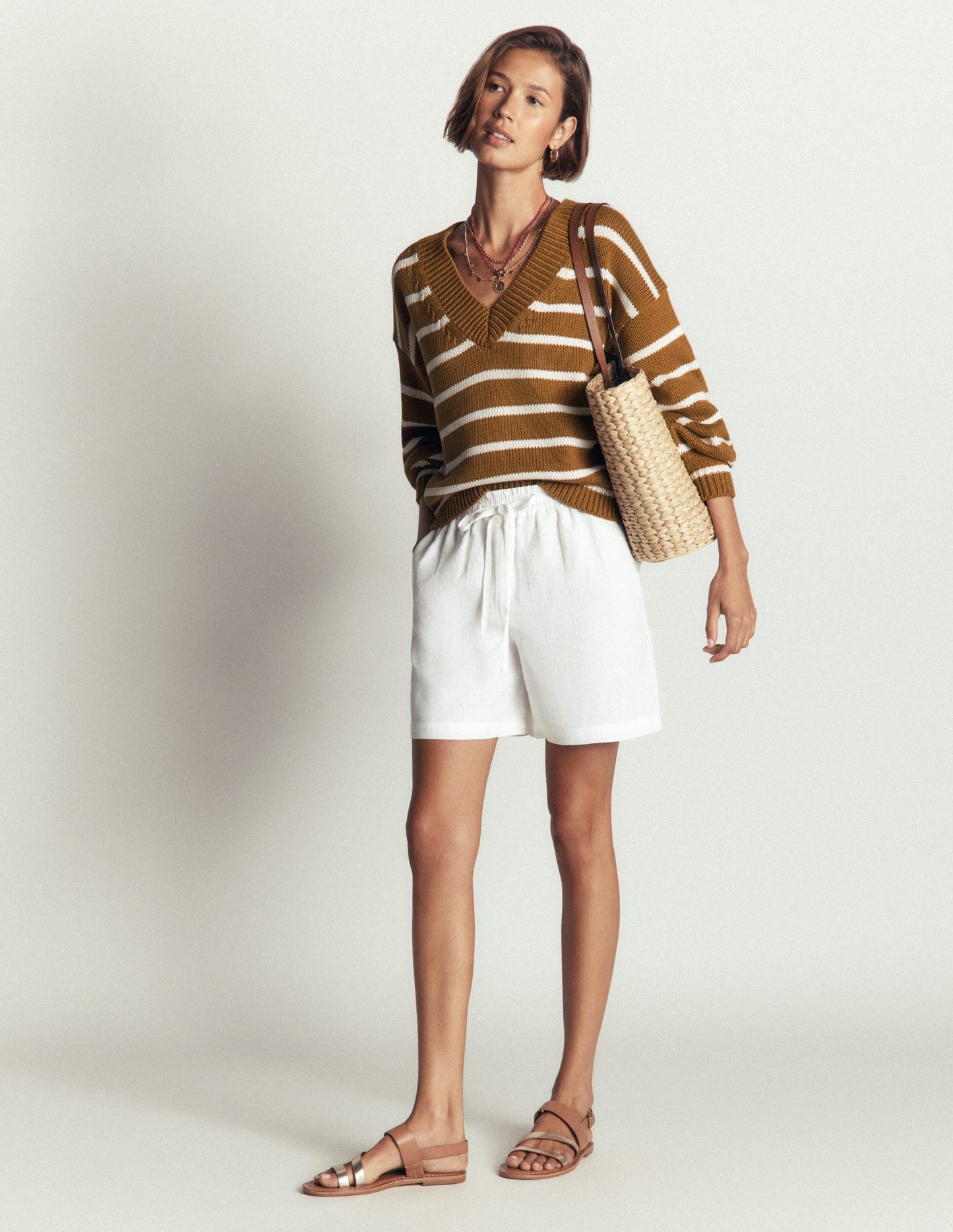 Lucy Cotton V-neck Jumper-Gingerbread, Ivory