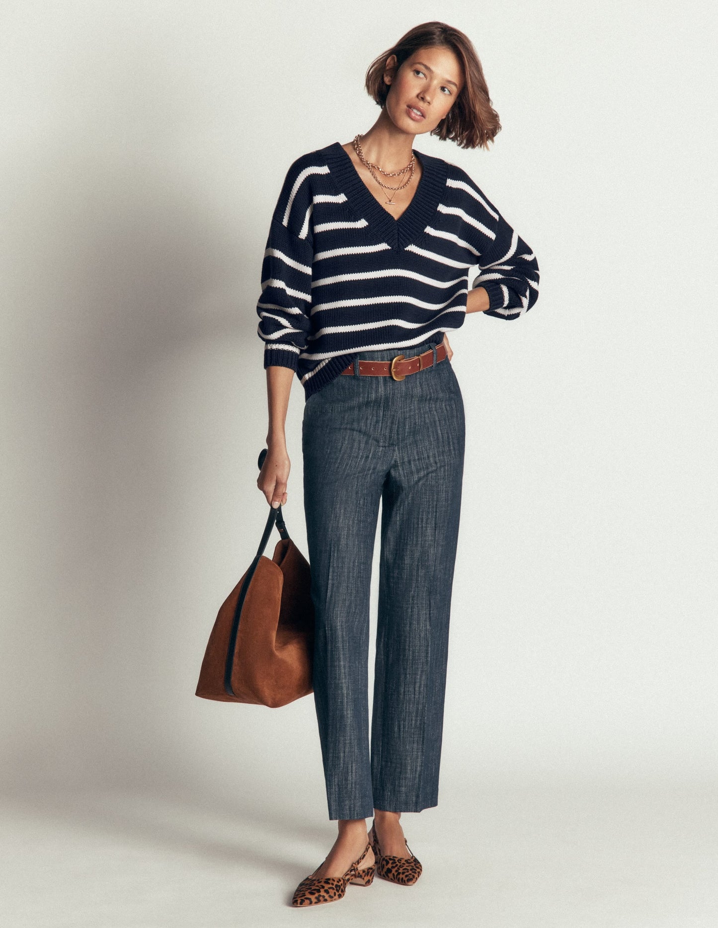 Lucy Cotton V-neck Jumper-Navy, Ivory