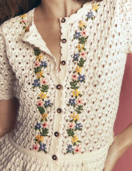 Embroidered Pointelle Cardigan-Ivory Embroidered