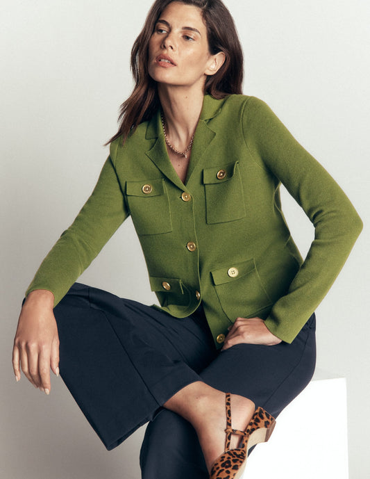 Phoebe Collared Knitted Jacket-Forest Green