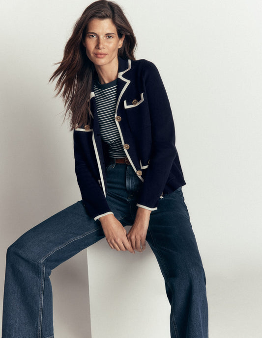 Phoebe Collared Knitted Jacket-Navy