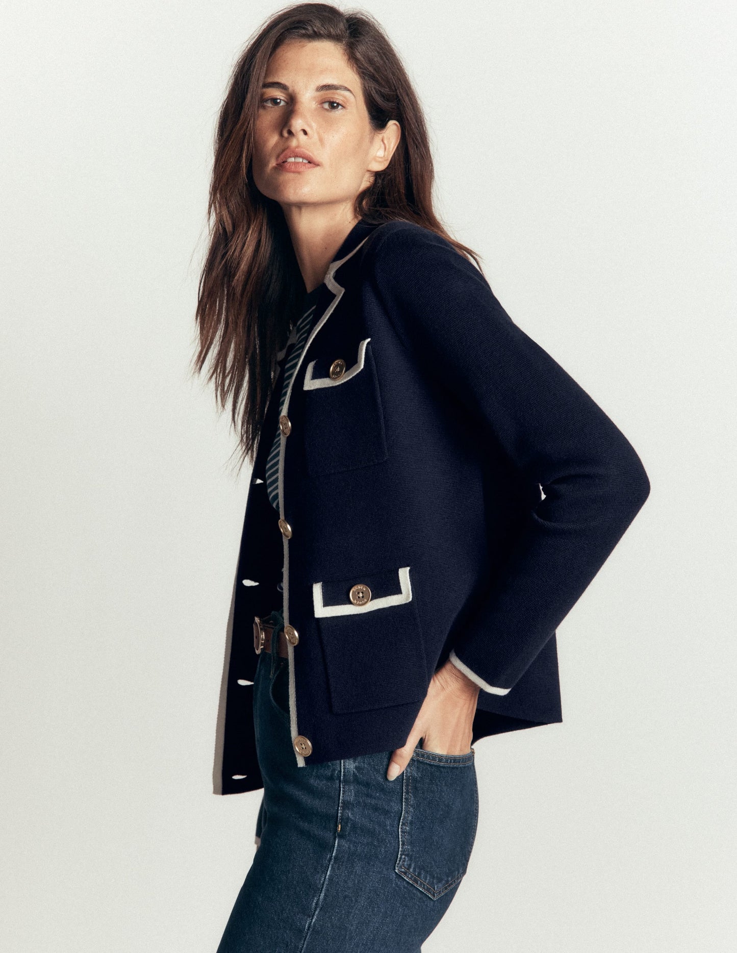 Phoebe Collared Knitted Jacket-Navy