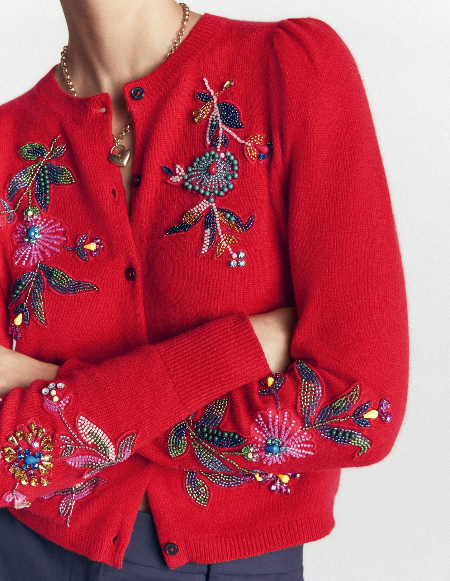 Ria Embellished Knit Cardigan-Poppy Red