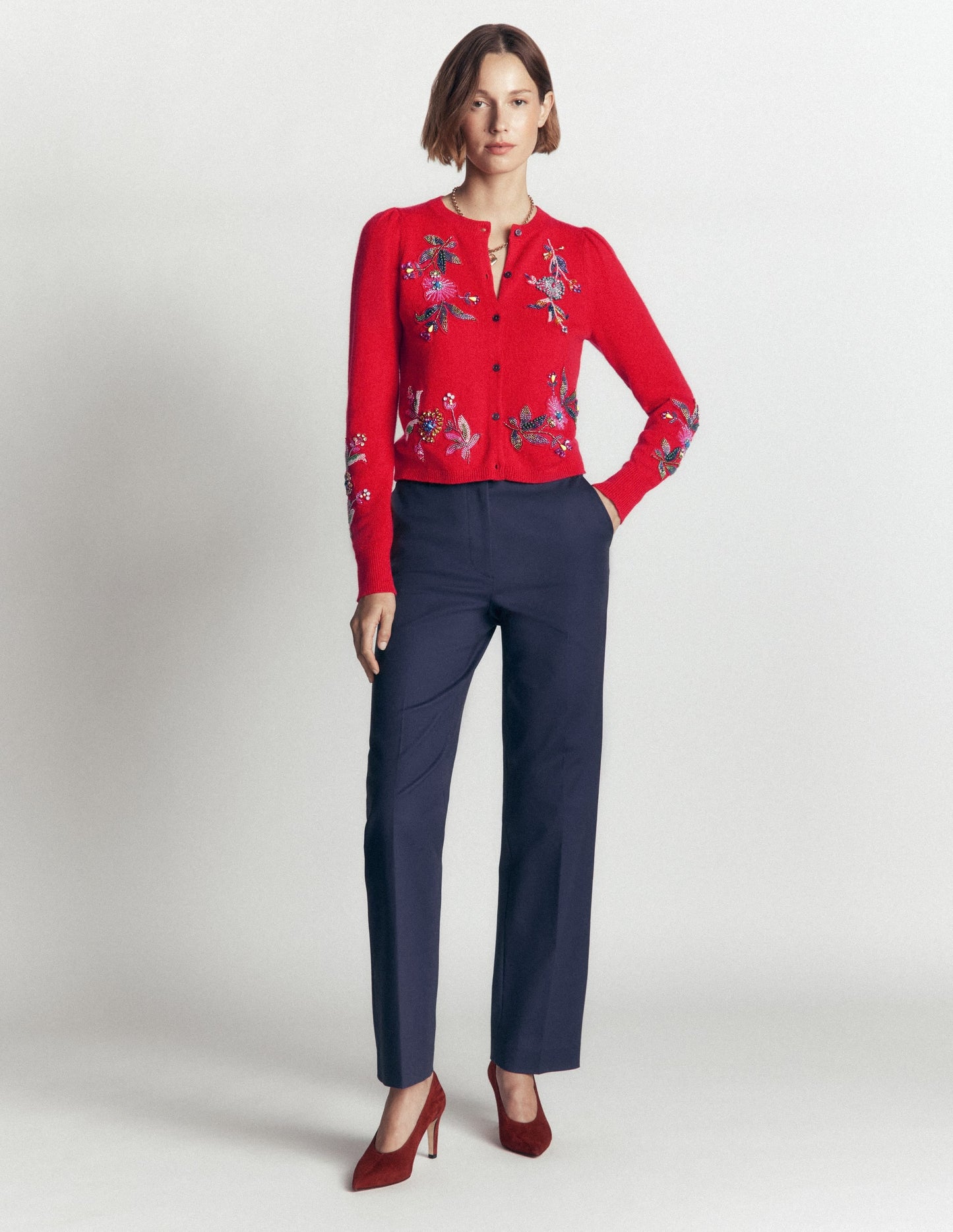 Ria Embellished Knit Cardigan-Poppy Red