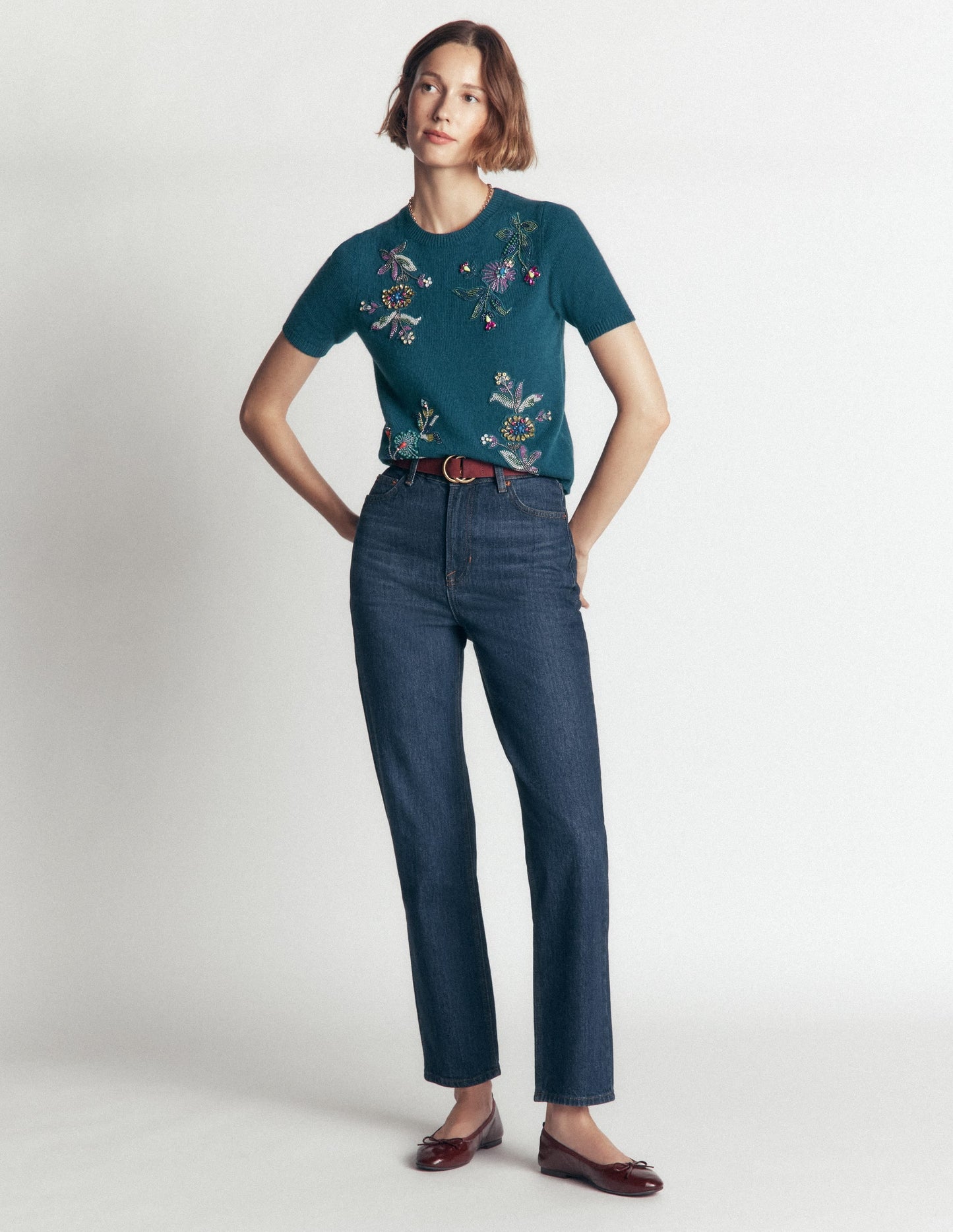 Ria Embellished Knit T-Shirt-Deep Aurora Blue