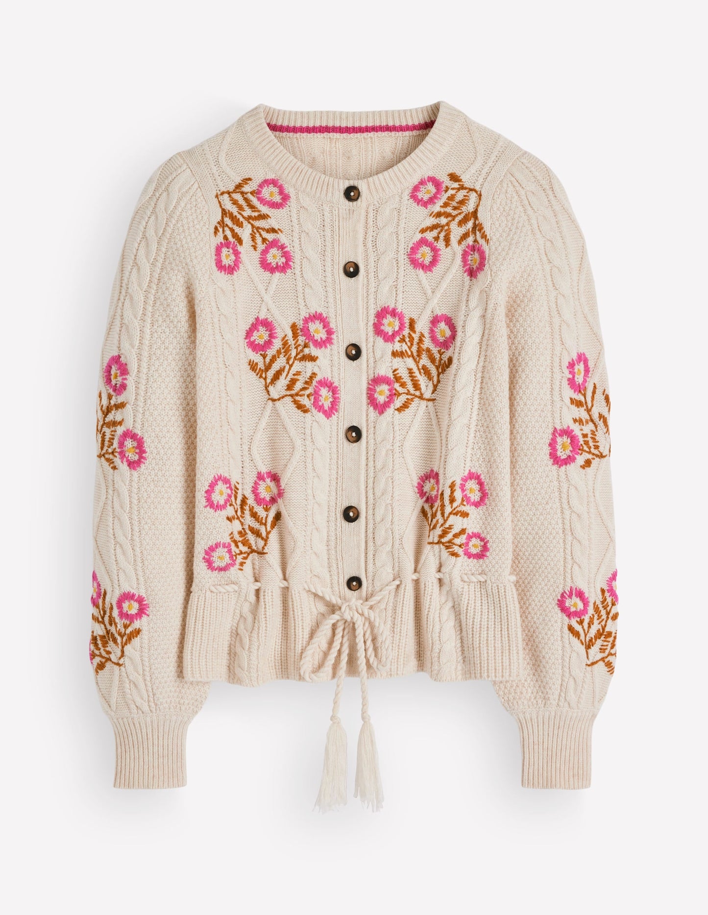 Cable Knitted Cardigan-Ecru Marl, Embroidery
