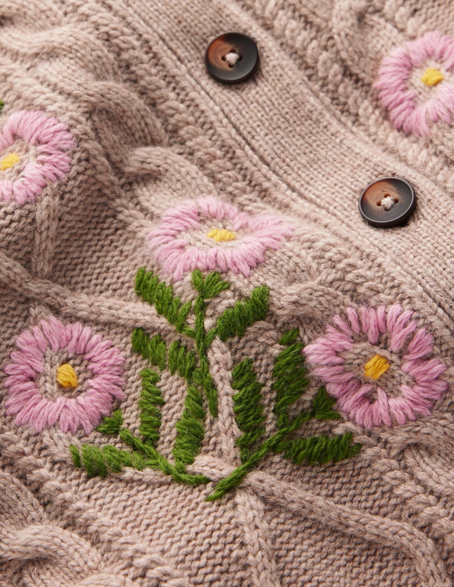 Cable Knitted Cardigan-Mink Melange, Embroidery
