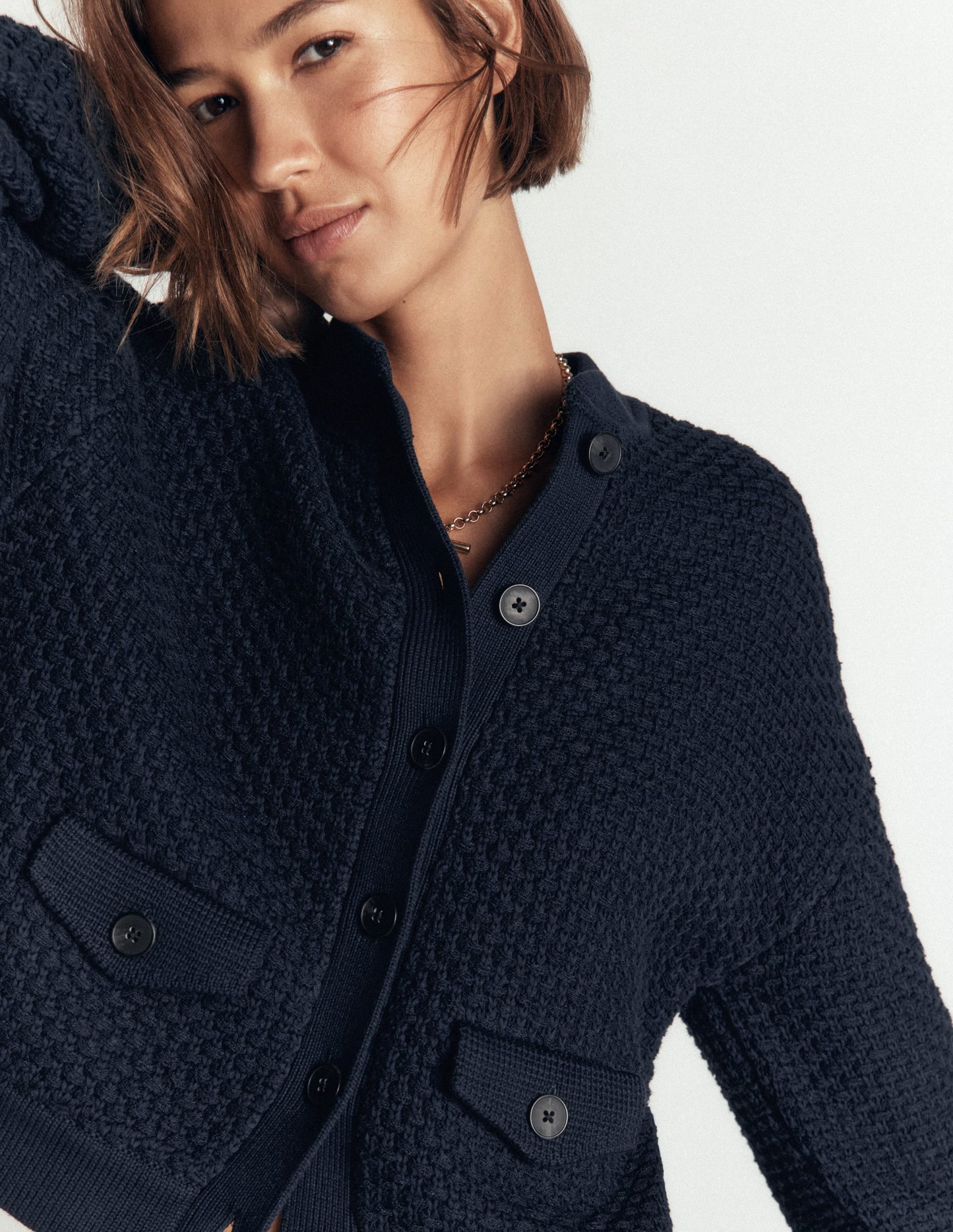 Textured Knitted Bomber Jacket-Navy