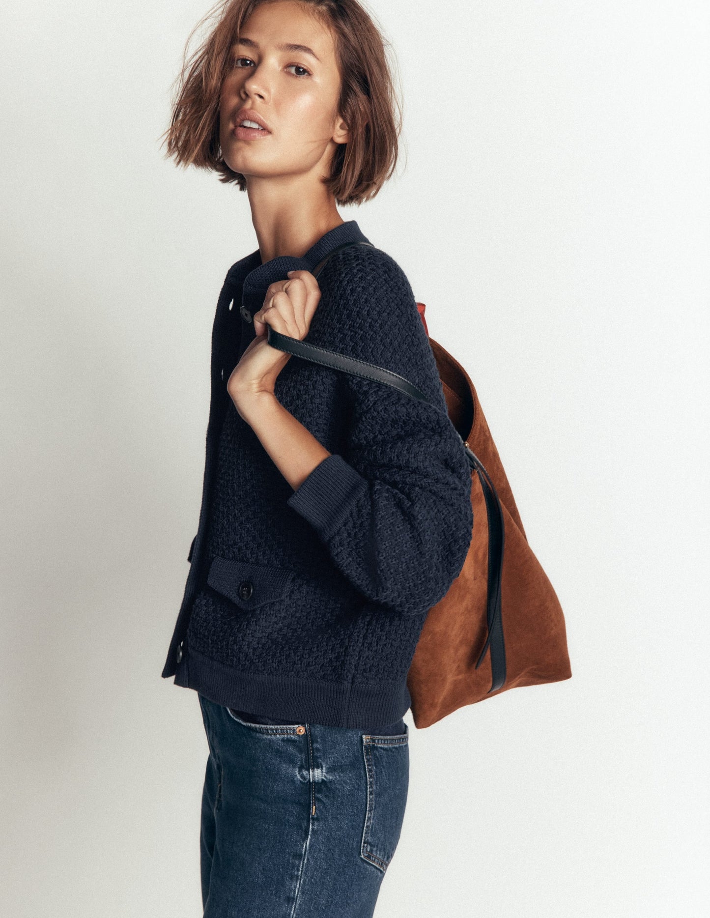 Textured Knitted Bomber Jacket-Navy