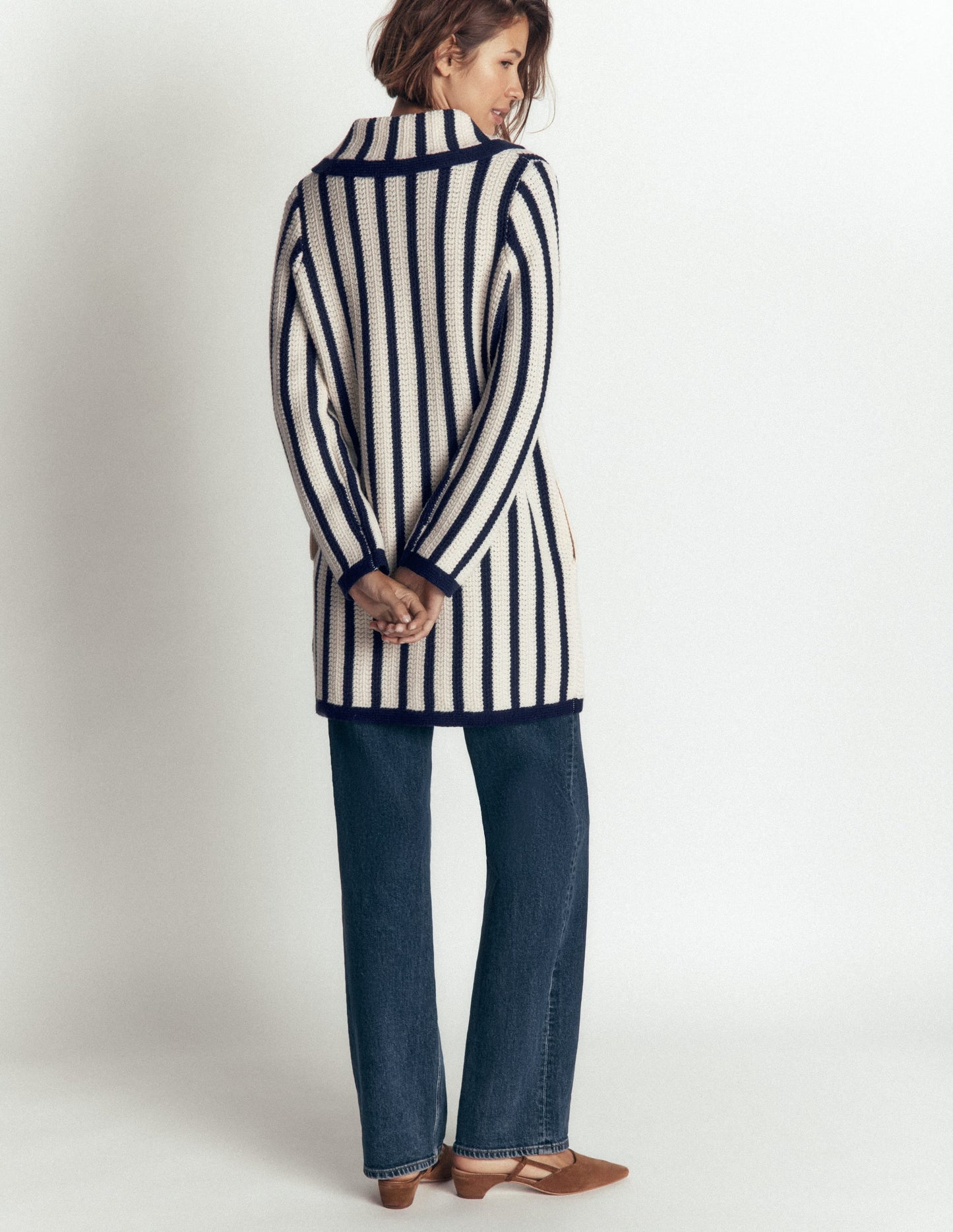 Longline Knitted Coatigan-Ivory, Navy Stripe
