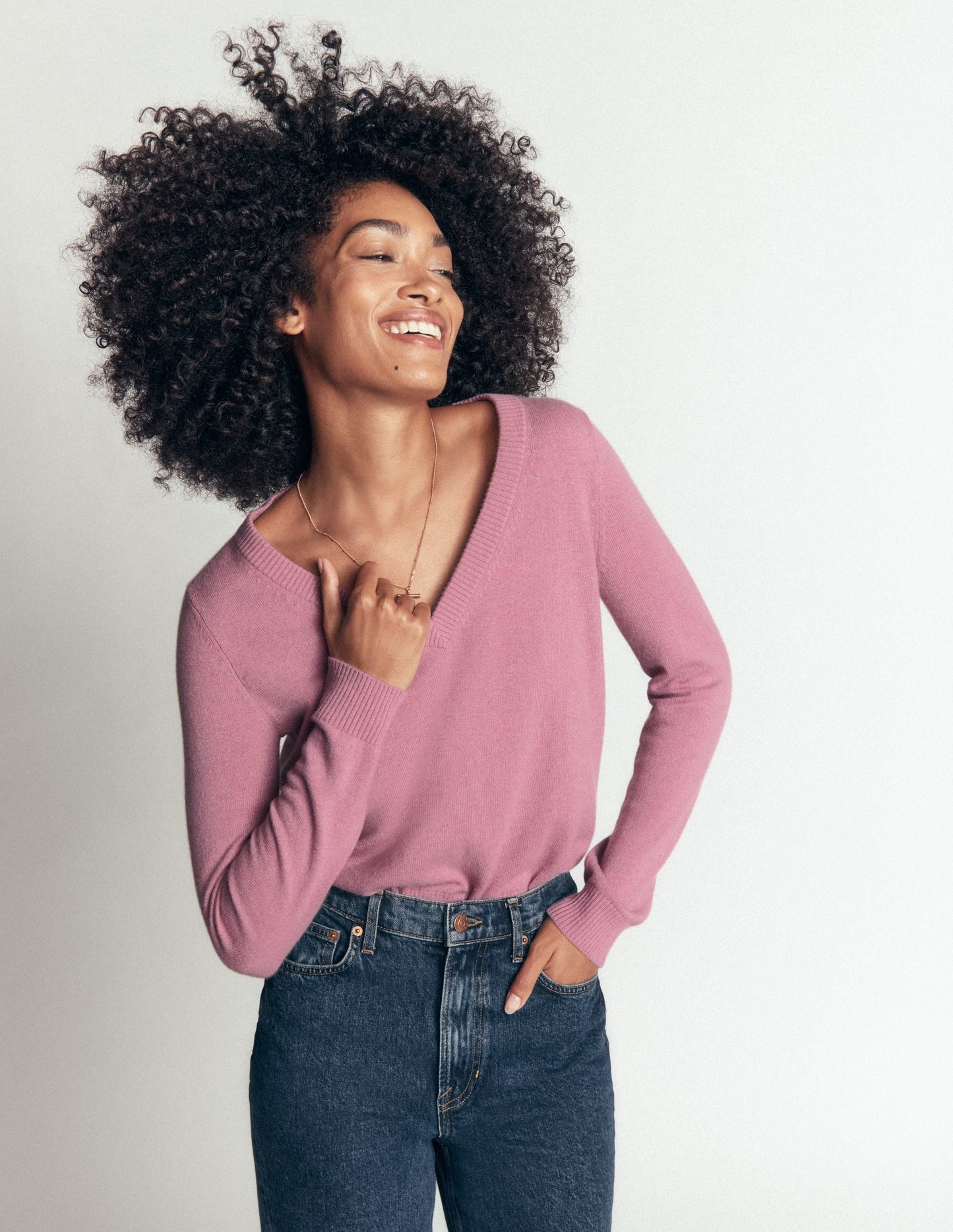 Elsie Cashmere V Neck Jumper-Pink Heather