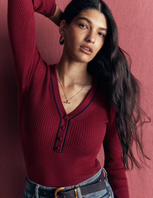 Paula Ribbed V Neck Jumper-Merlot