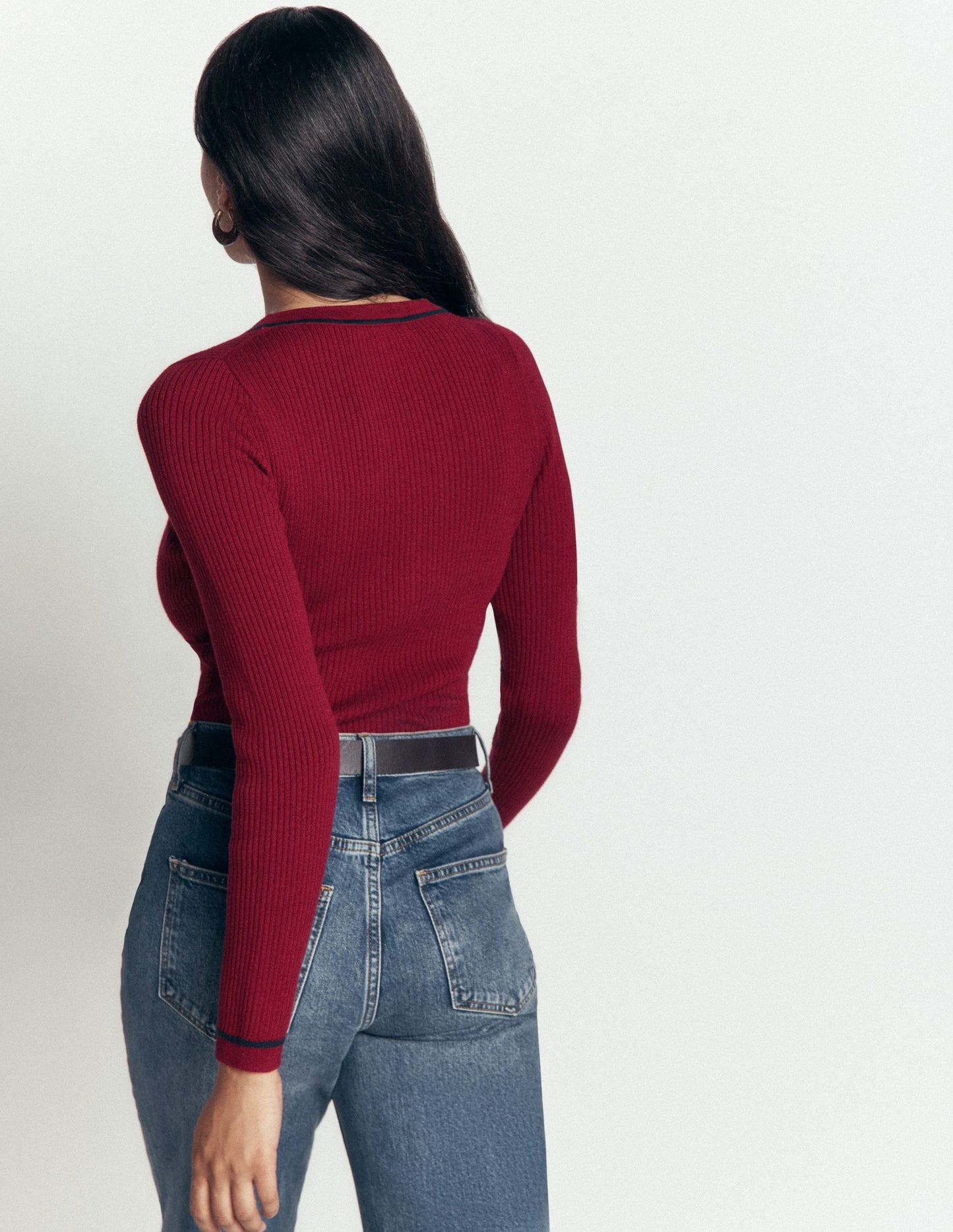Paula Ribbed V Neck Jumper-Merlot