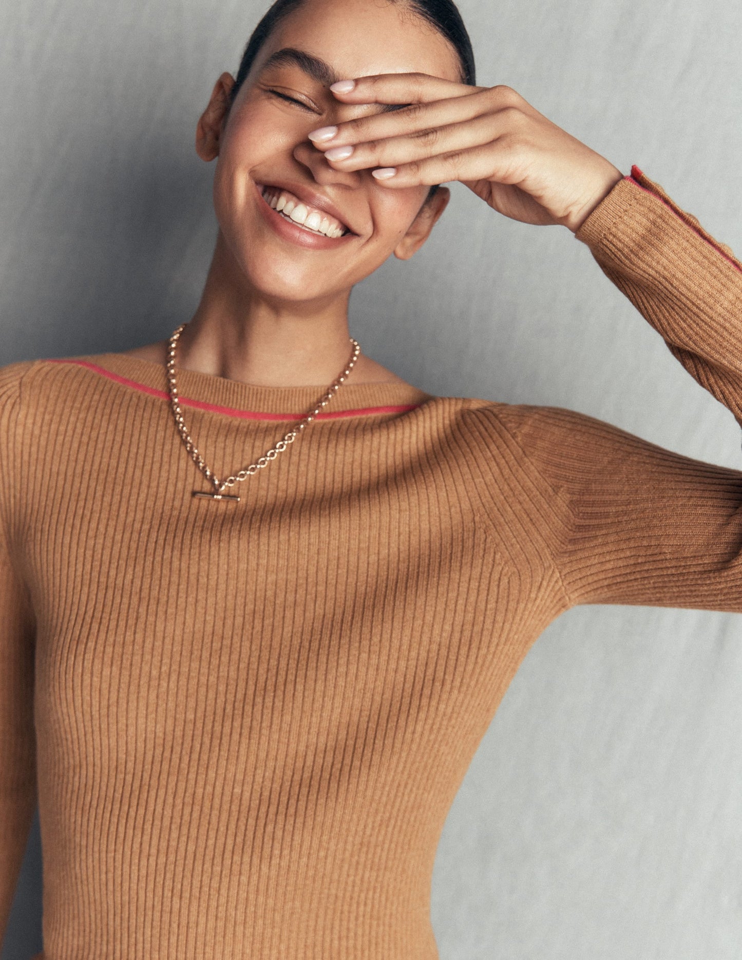 Paula Ribbed Boatneck Jumper-Camel