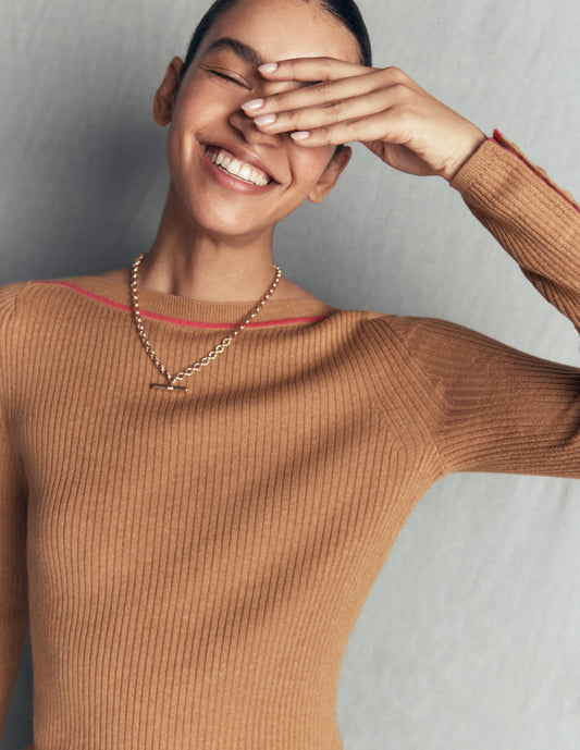 Paula Ribbed Boatneck Jumper-Camel
