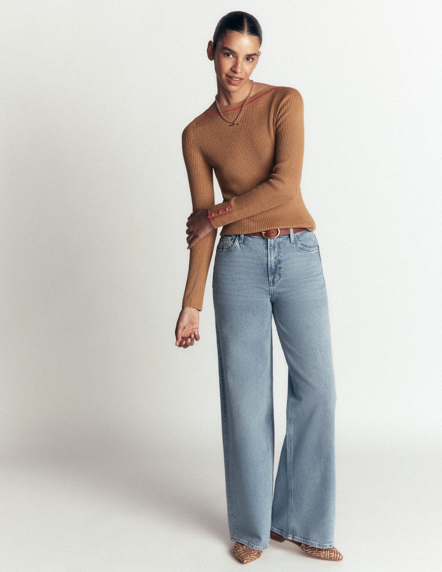 Paula Ribbed Boatneck Jumper-Camel