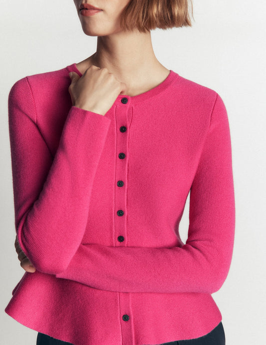 Fitted Wool Peplum Cardigan-Pink