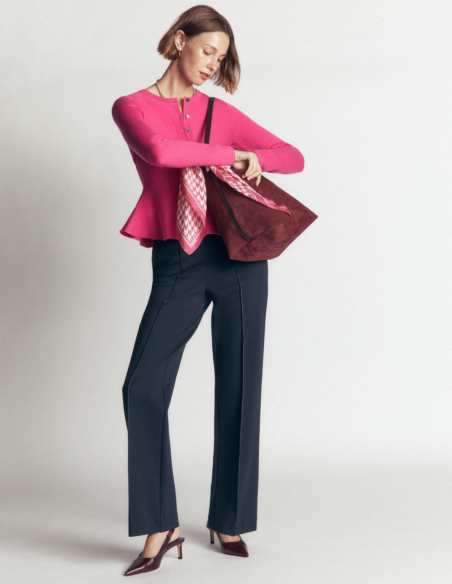Fitted Wool Peplum Cardigan-Pink