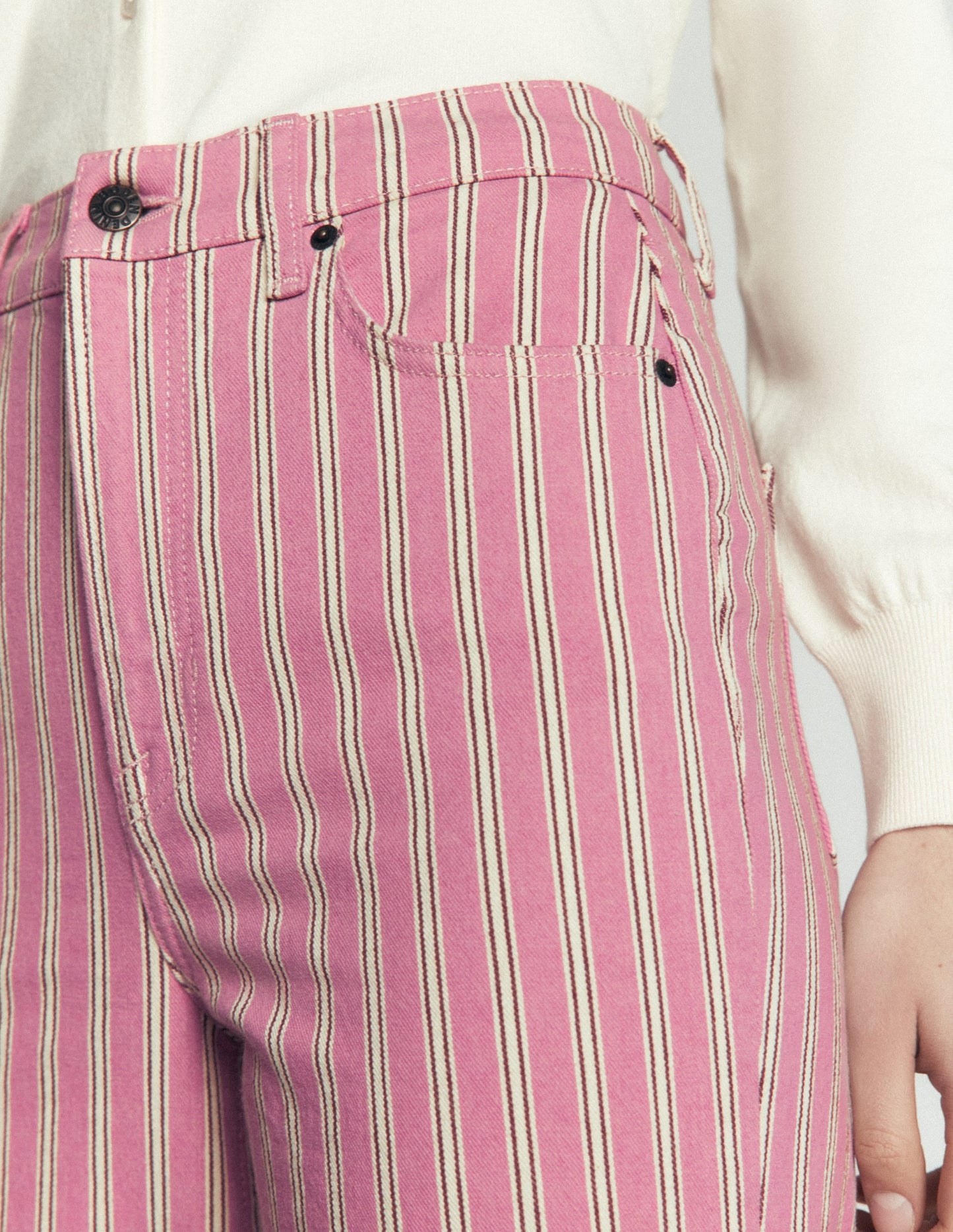 High Rise Column Leg Jeans-Pink, Maroon Tram Stripe