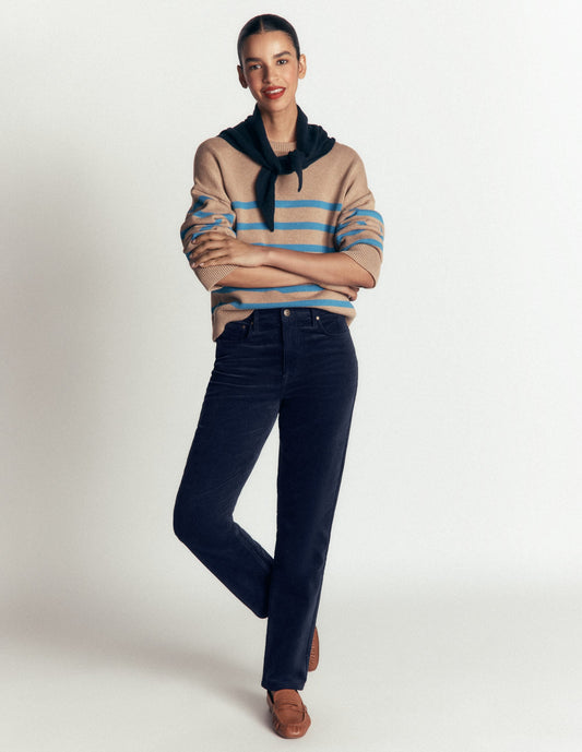 High Rise Cord Slim Jeans-Navy