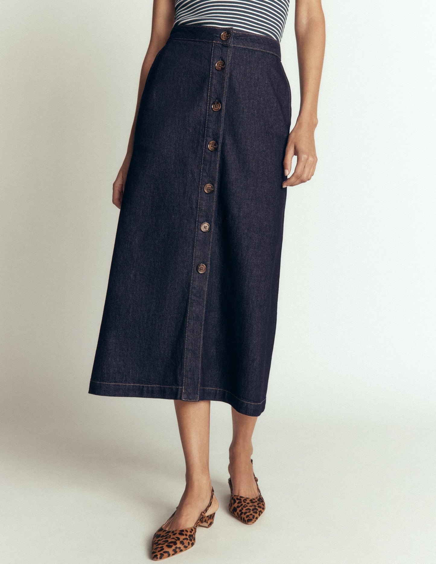 Val Button Denim Midi Skirt-Indigo