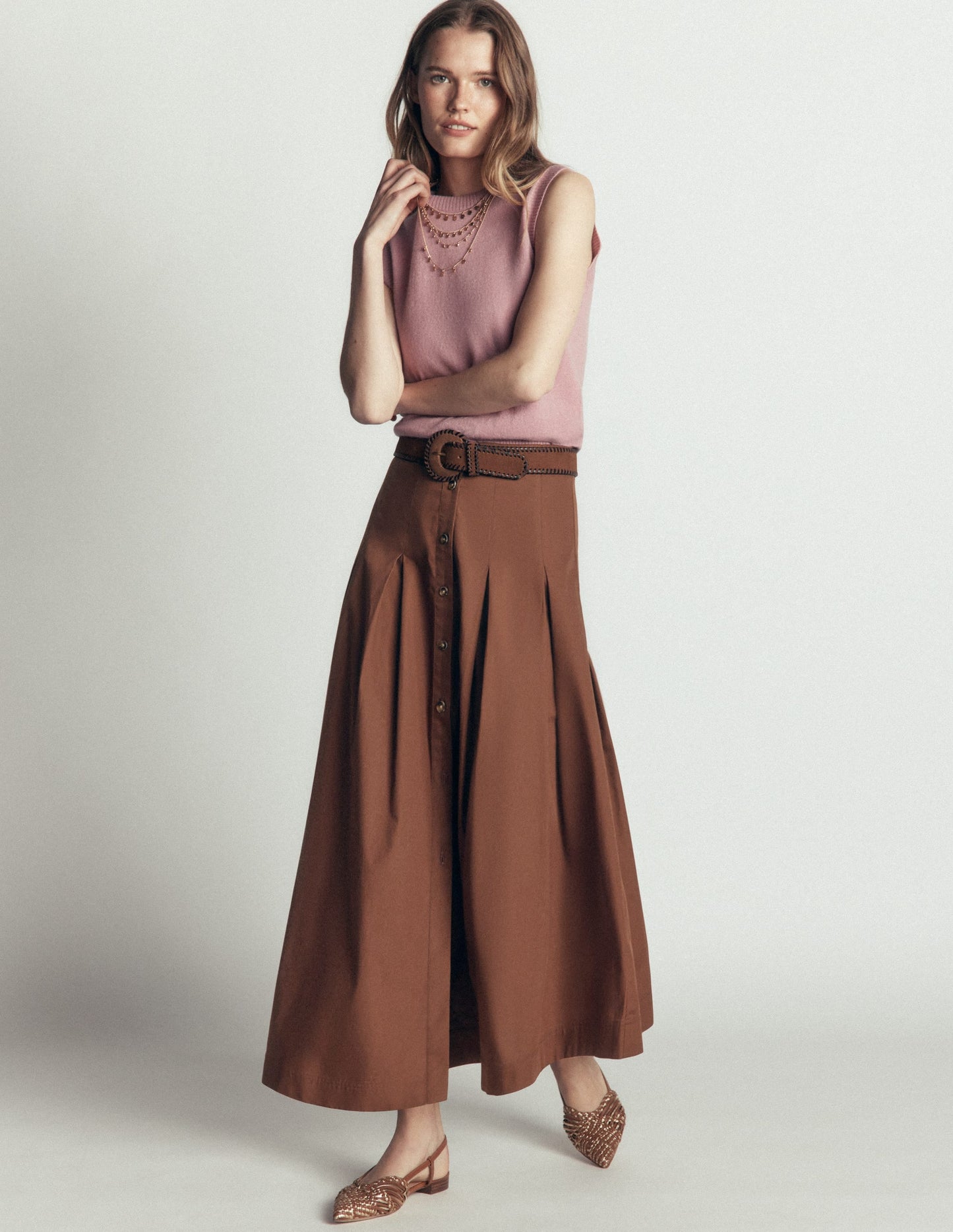 Button Front Pleated Skirt-Raw Umber