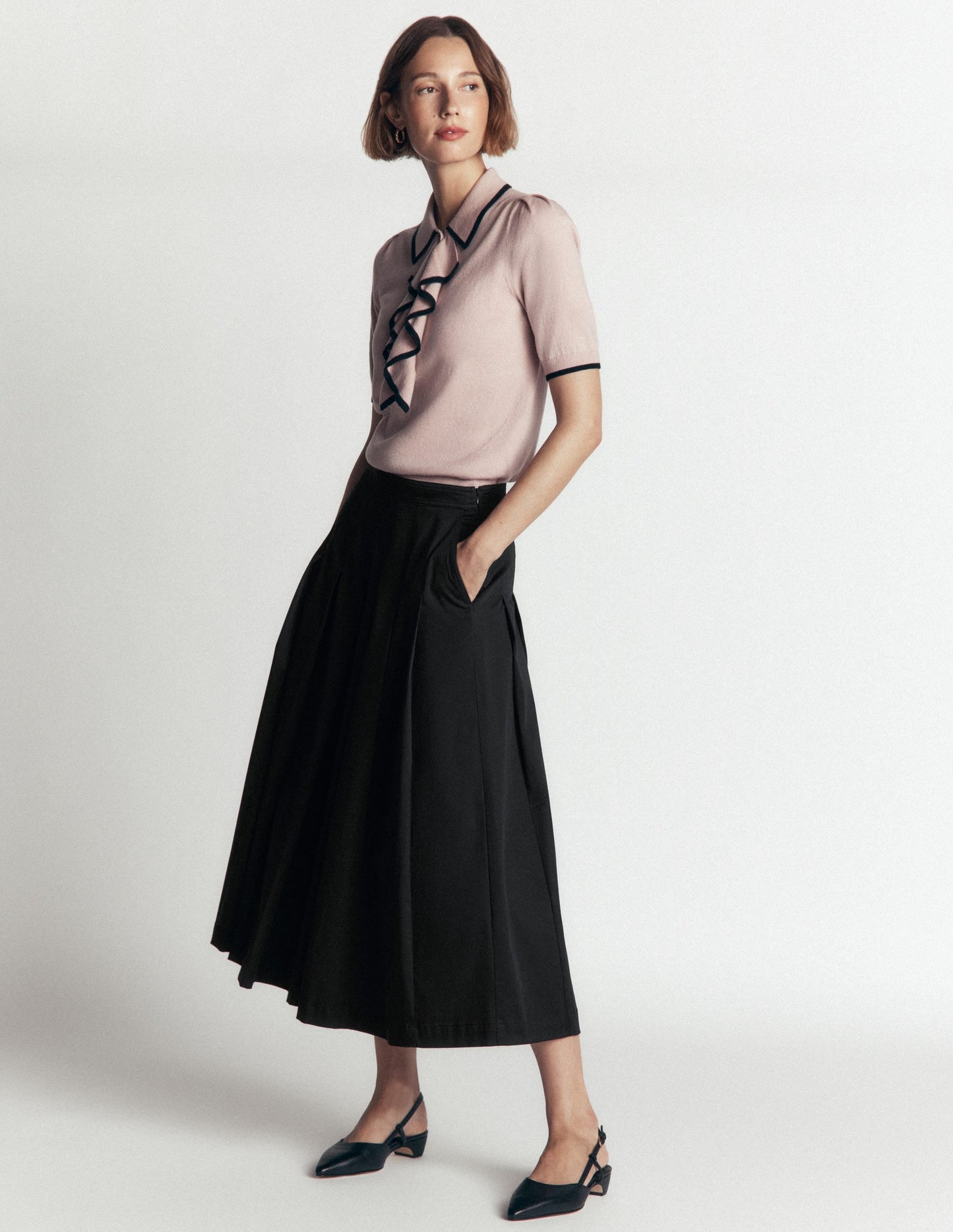 Aya Cotton Sateen Midi Skirt-Black