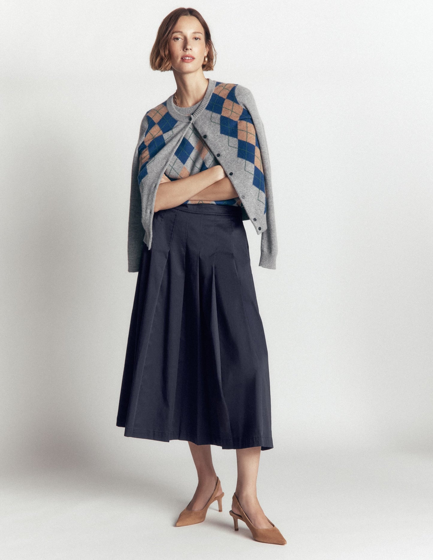 Aya Cotton Sateen Midi Skirt-Navy