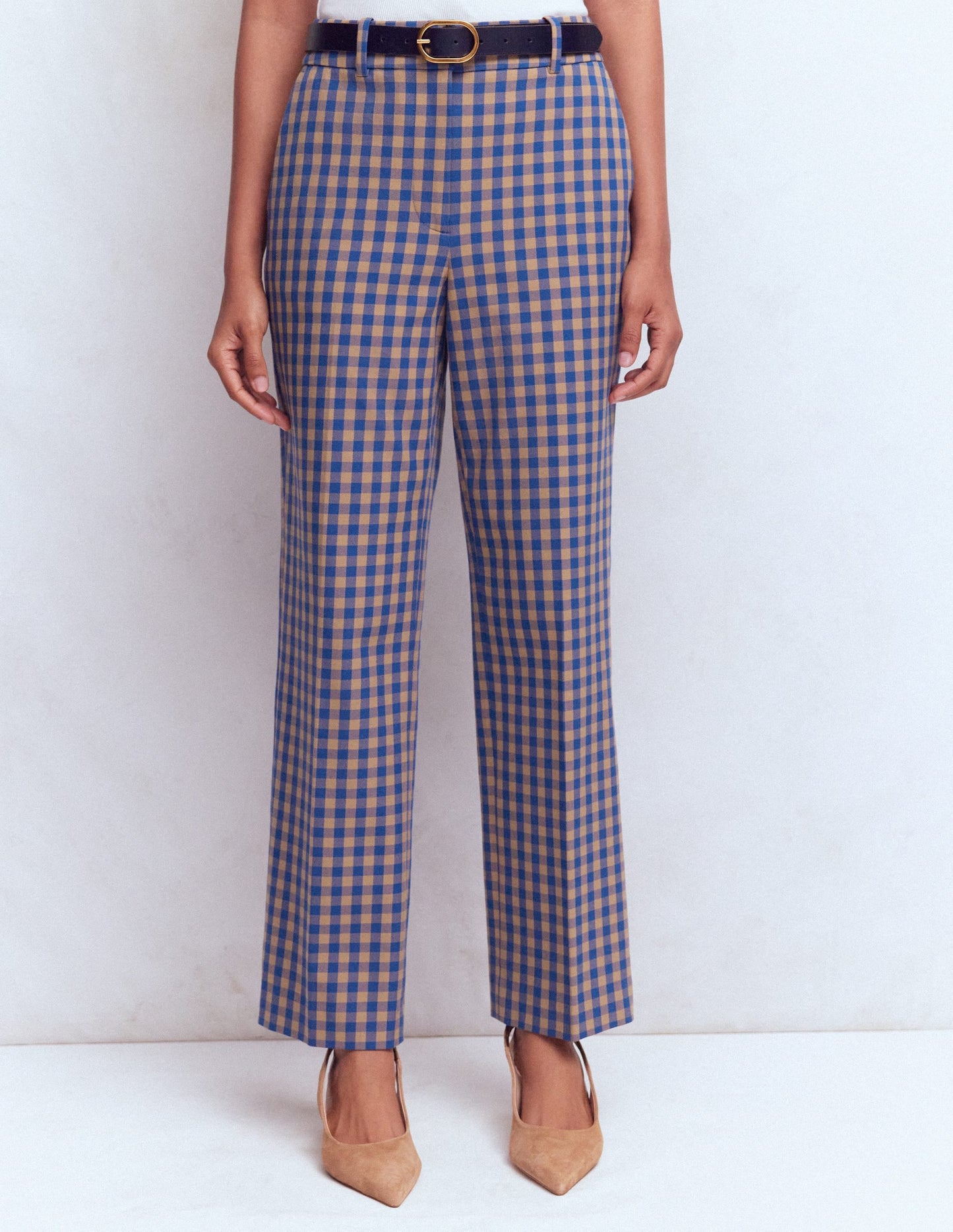 Canonbury Cotton 7/8 Trousers-Camel, Blue Gingham