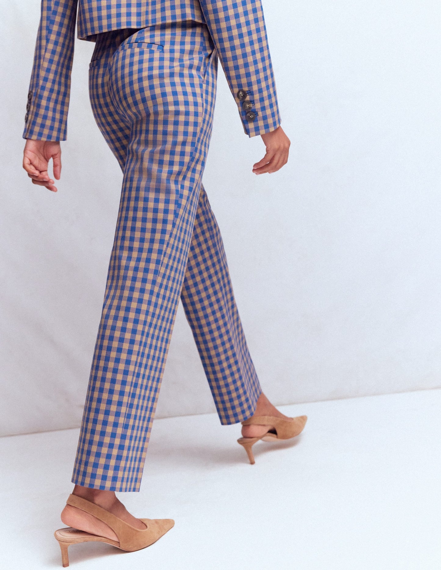 Canonbury Cotton 7/8 Trousers-Camel, Blue Gingham