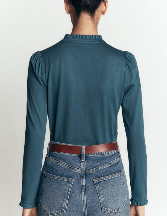 Supersoft Frill Henley Top-Storm Blue