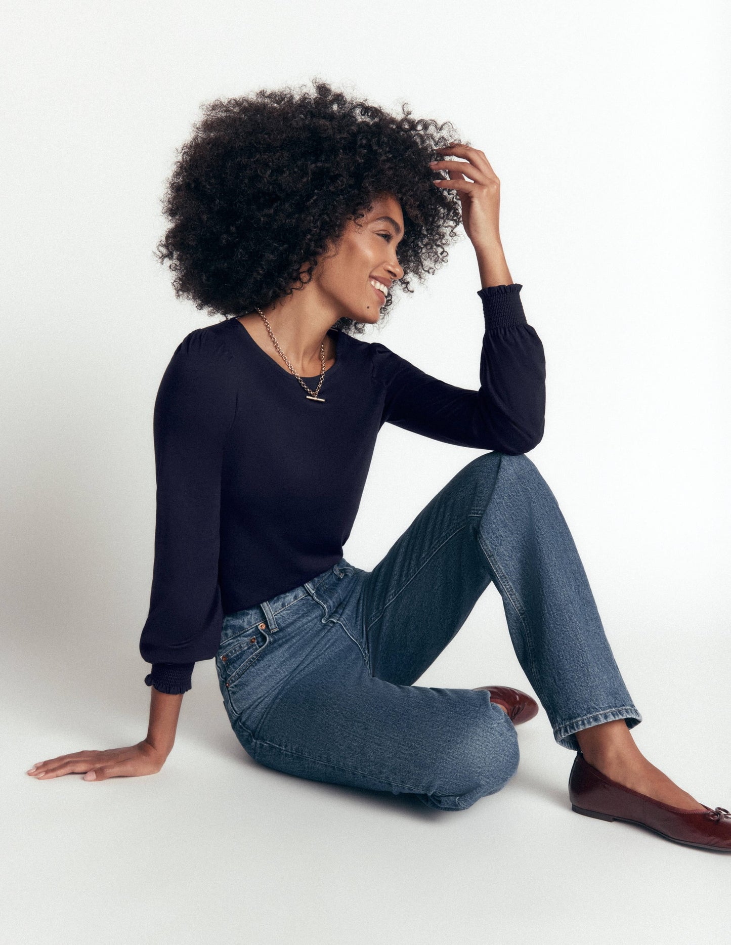 Smocked Cuff Supersoft Top-Navy