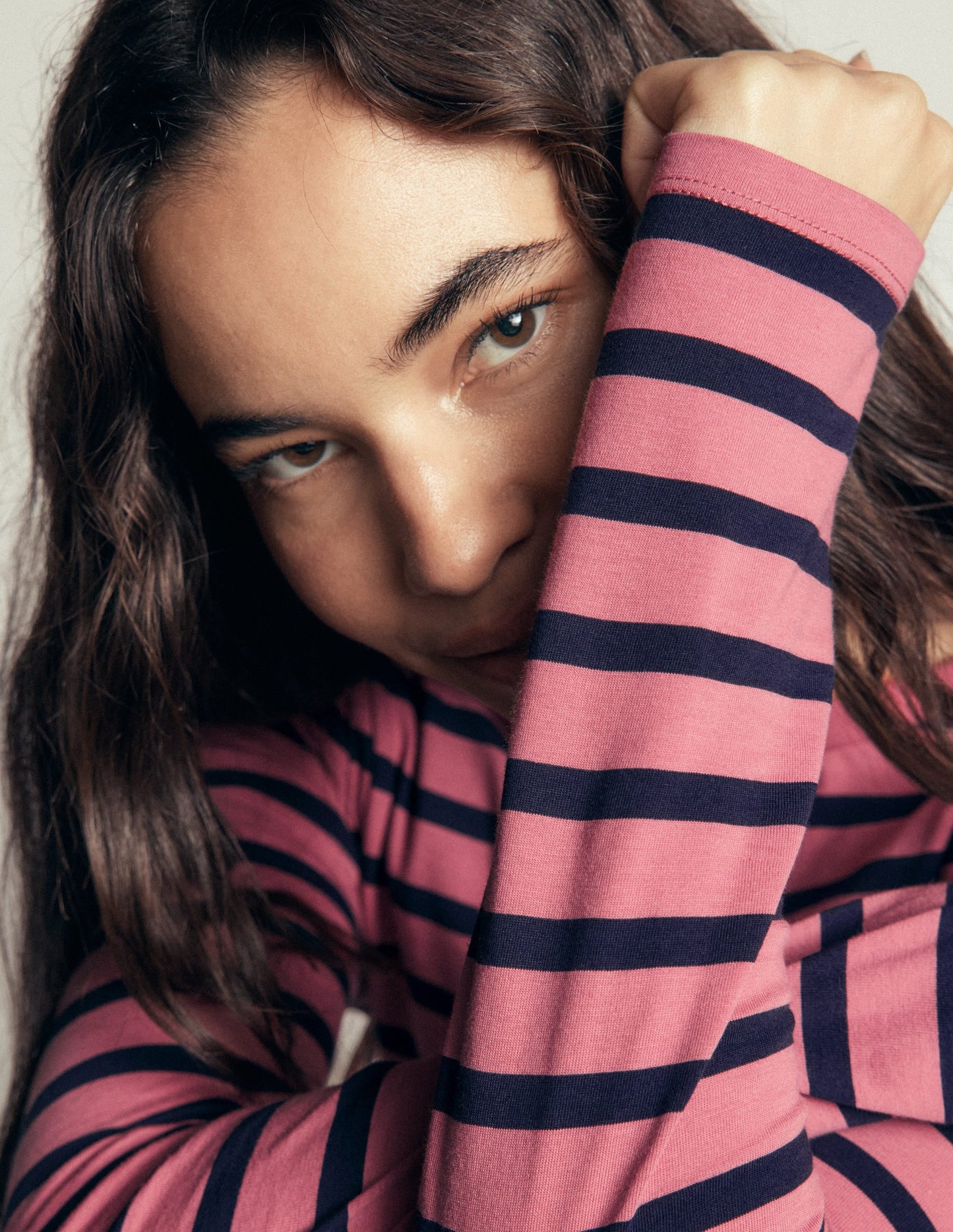 Olivia Long Sleeve Breton-Heather Rose and Navy Stripe