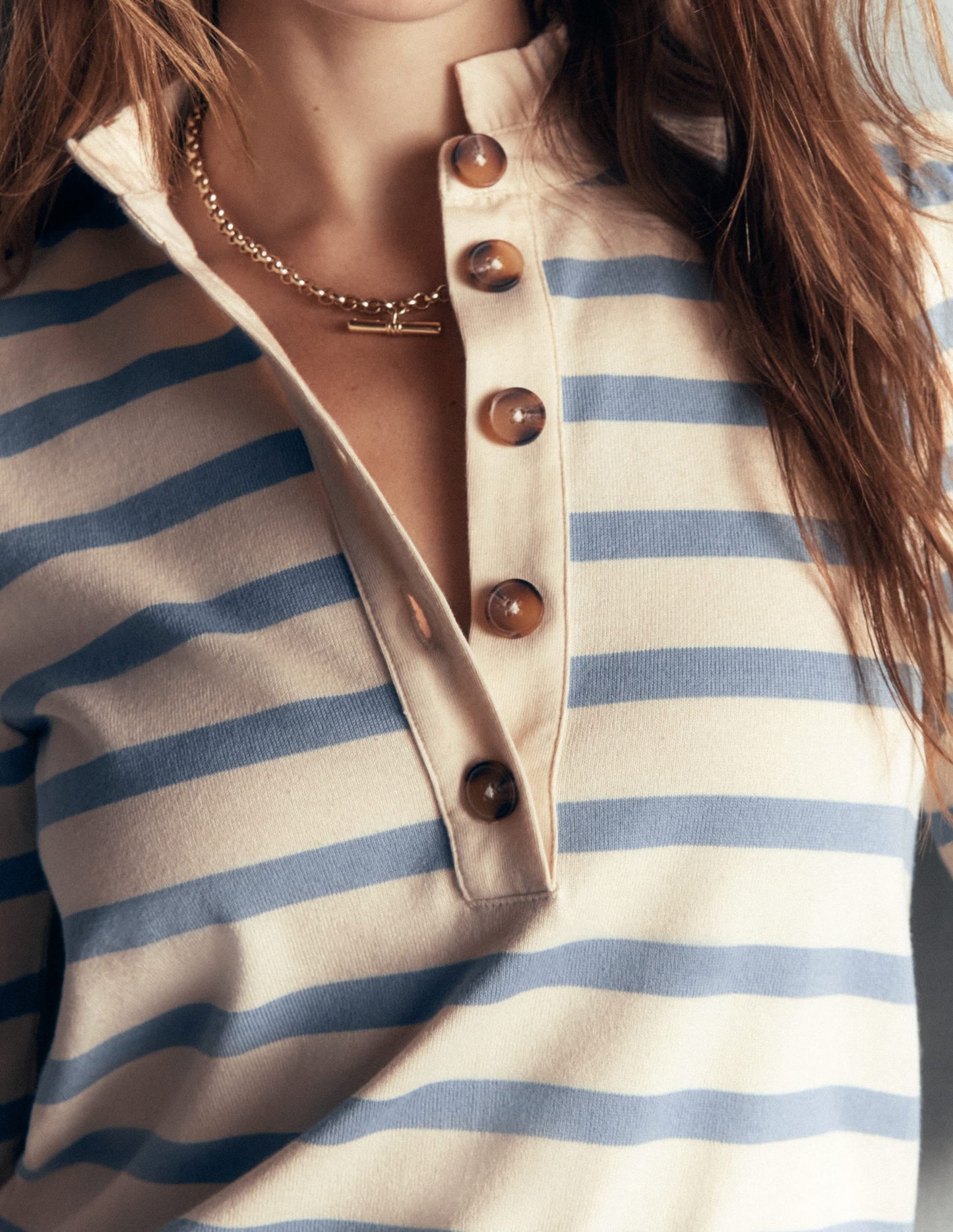 Ruffle Collar Mariner-Ivory and Faded Denim Stripe