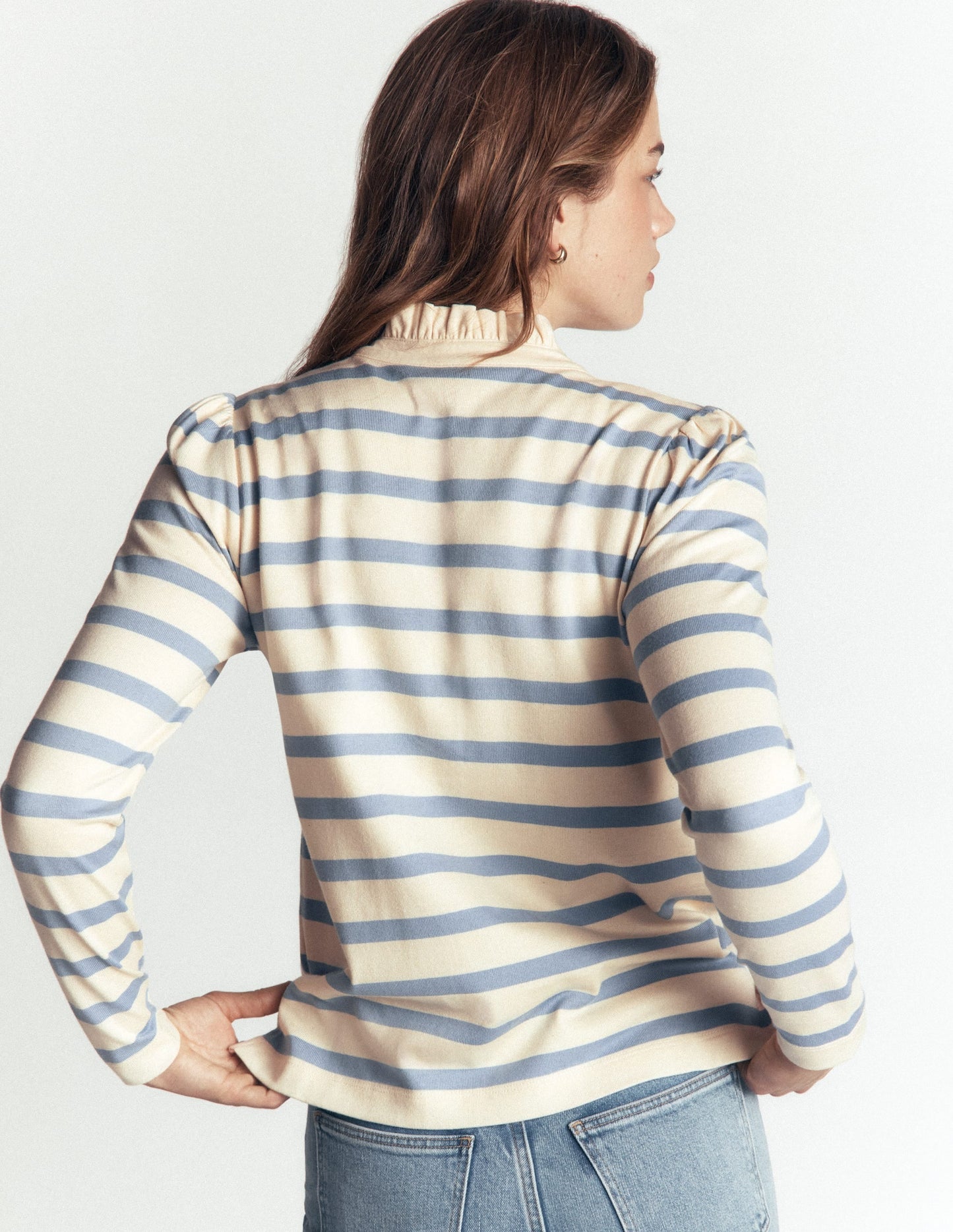 Ruffle Collar Mariner-Ivory and Faded Denim Stripe