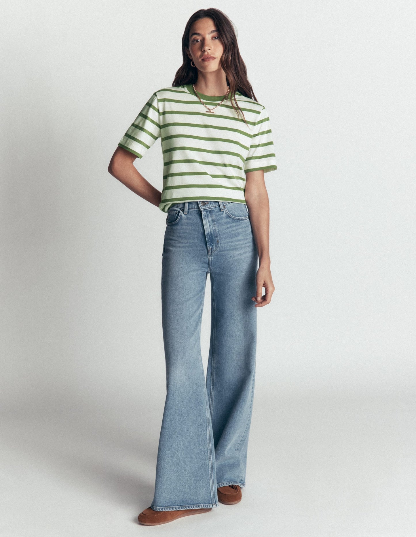 Relaxed Cotton T-shirt-Safari Green and Ivory Stripe