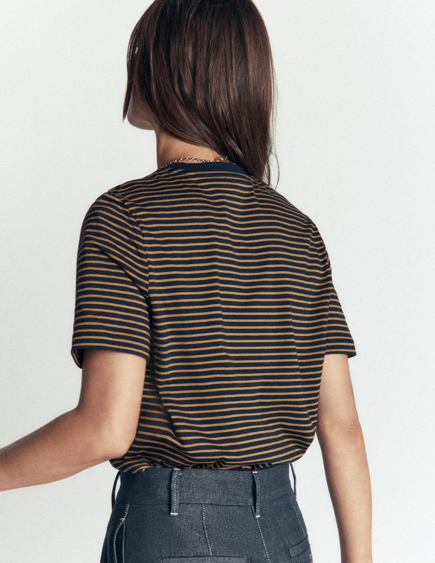 Cotton Crew Neck T-shirt-Navy and Dijon Stripe