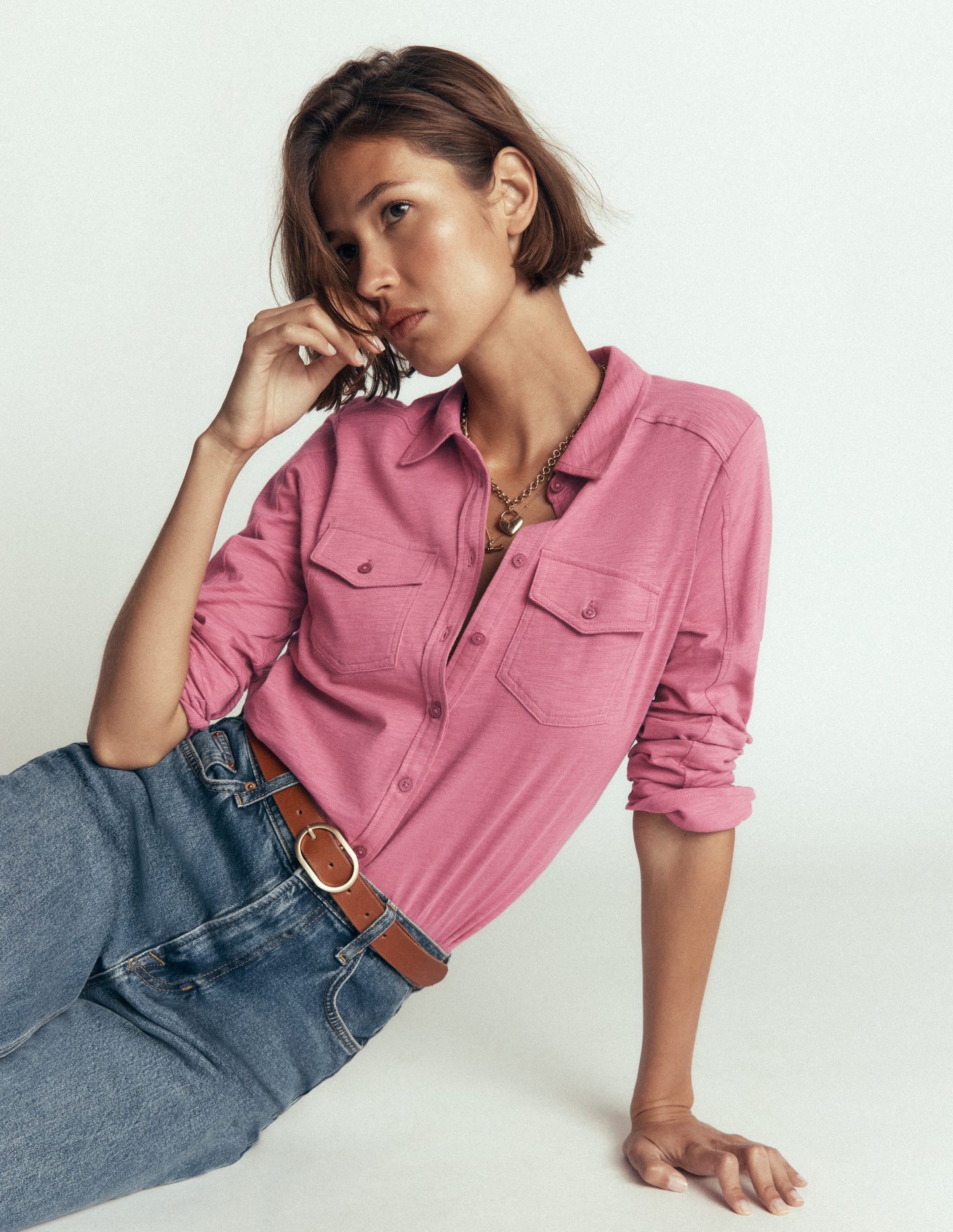 Seam Detail Jersey Shirt-Pink Heather