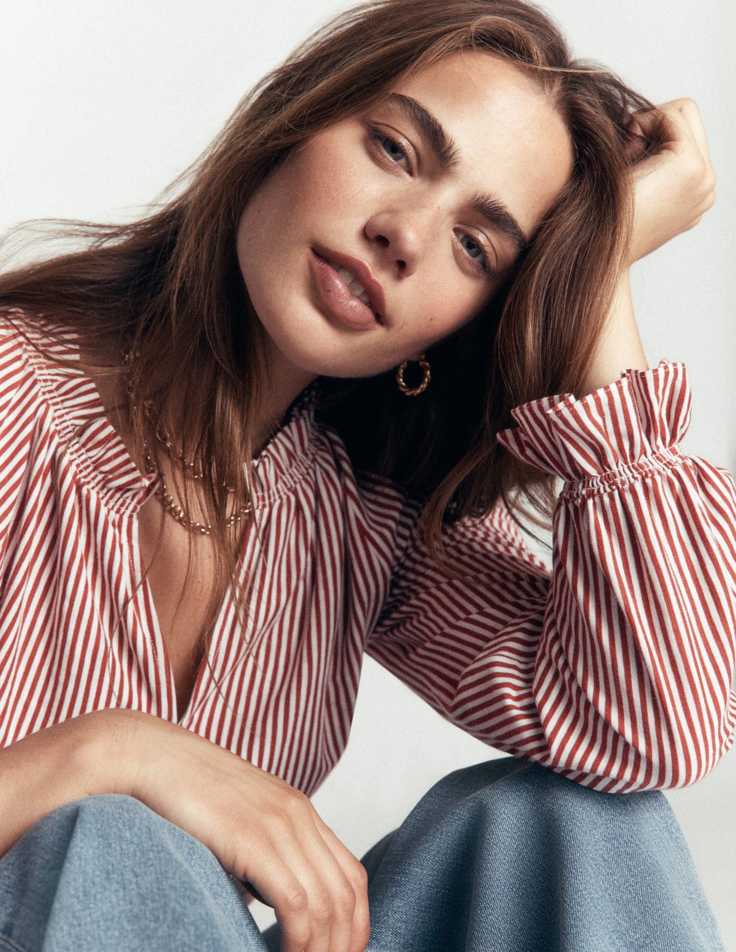 Pia Ruffle Detail Top-Burnt Orange Stripe