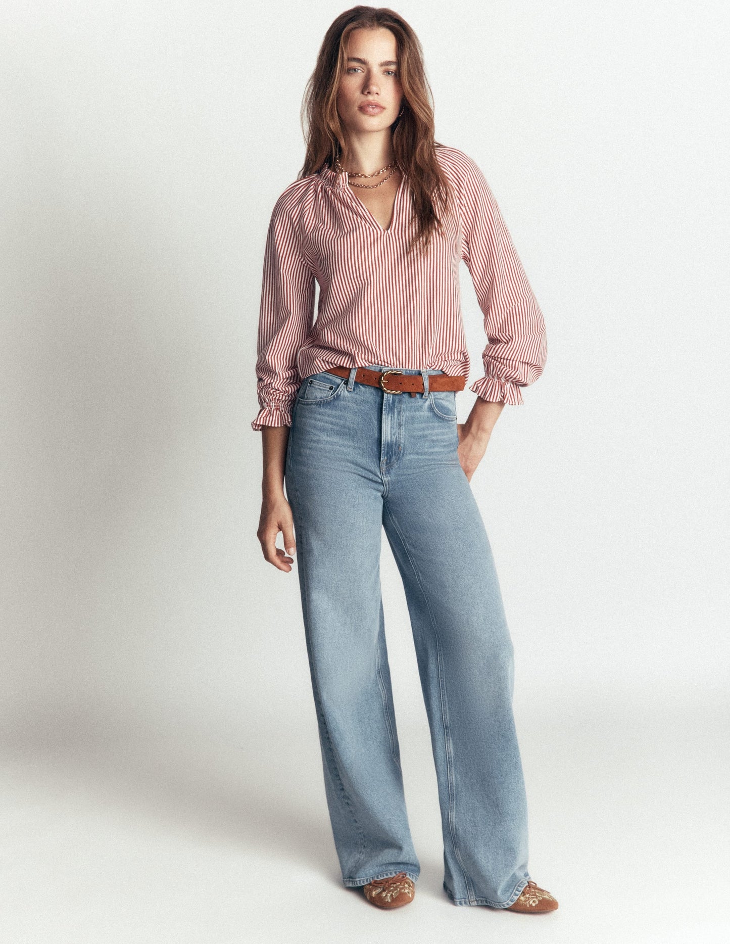 Pia Ruffle Detail Top-Burnt Orange Stripe