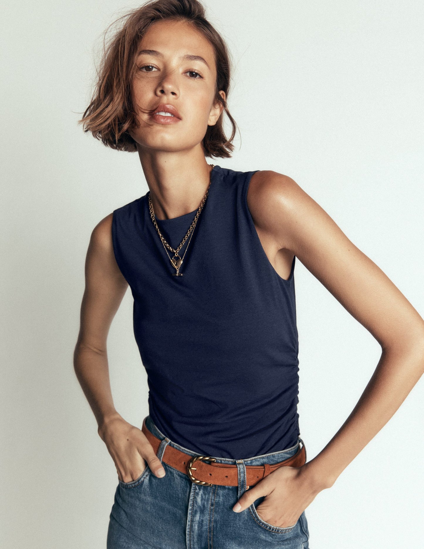 Tia Sleeveless Ruch Jersey Top-Navy