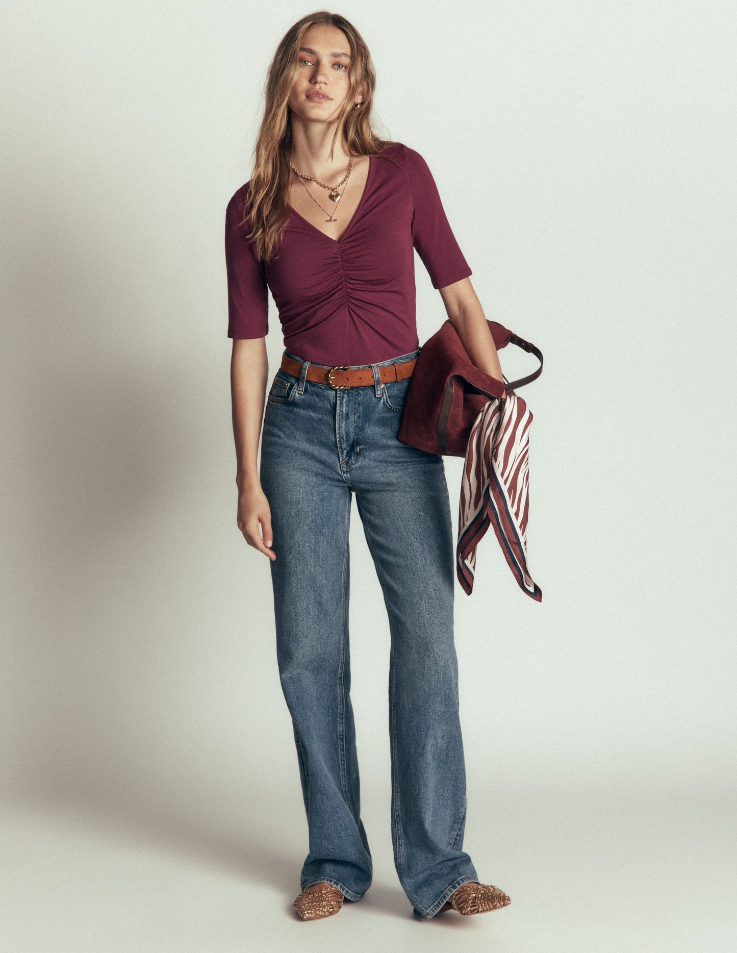 Tia Ruched V-neck Top-Deep Wisteria