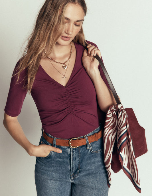 Tia Ruched V-neck Top-Deep Wisteria