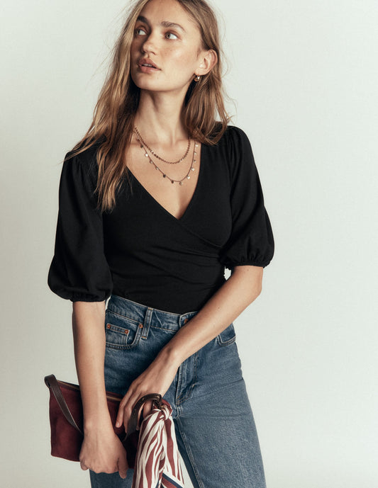 Tia Ruched Wrap Top-Black