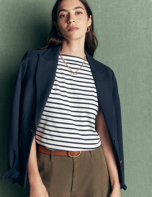 Supersoft Slash Neck T-Shirt-Ivory and Navy Stripe