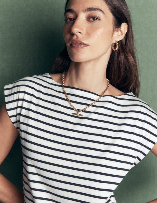 Supersoft Slash Neck T-Shirt-Ivory and Navy Stripe