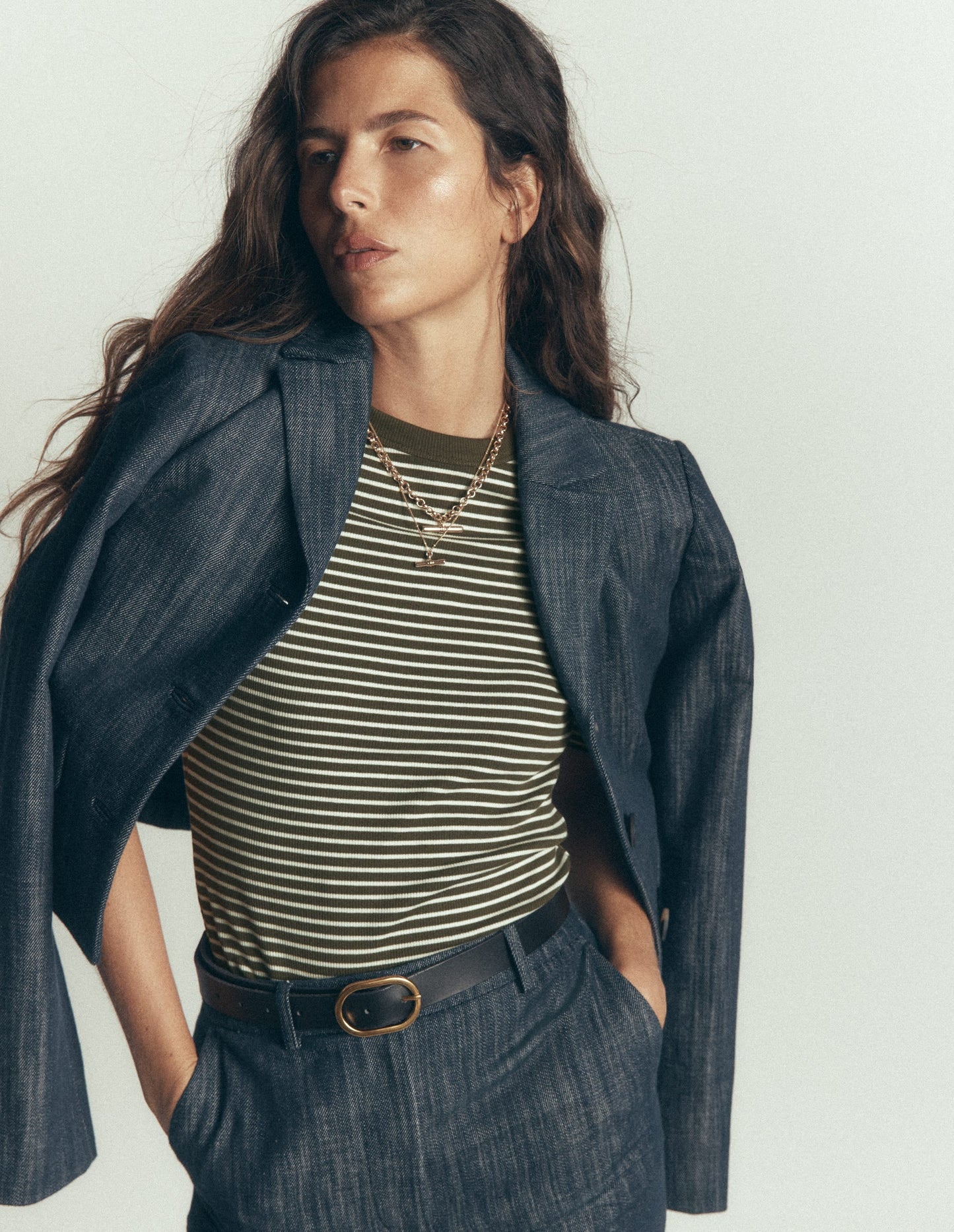 Ribbed Cotton T-Shirt-Olive Night and Ivory Stripe
