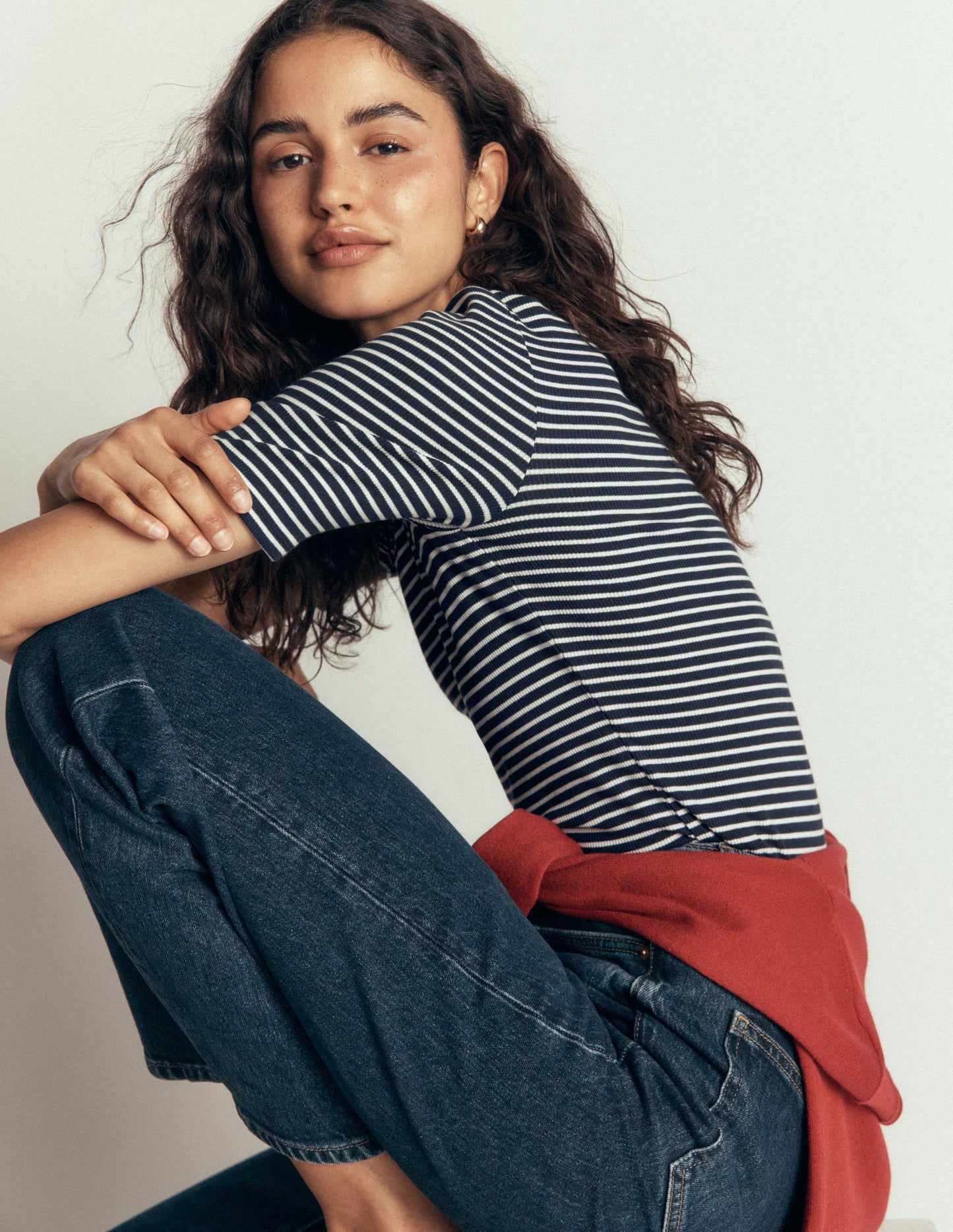 Ribbed Cotton T-Shirt-Ivory and Navy Stripe