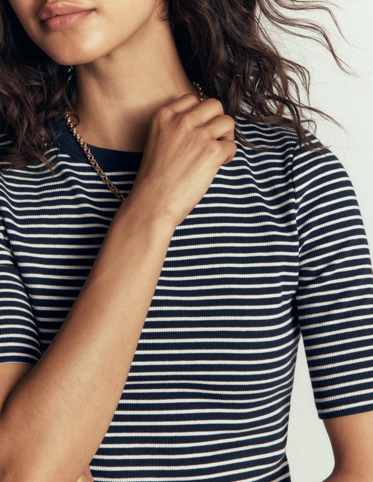 Ribbed Cotton T-Shirt-Ivory and Navy Stripe
