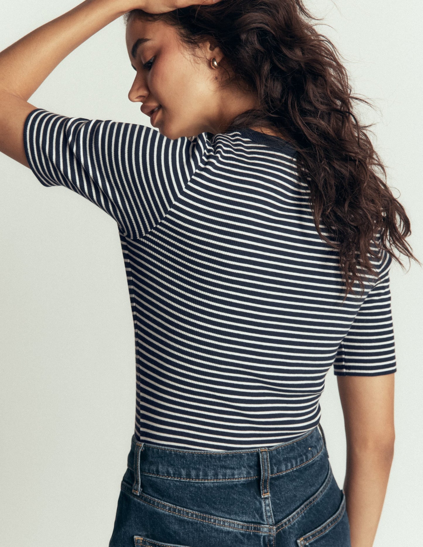 Ribbed Cotton T-Shirt-Ivory and Navy Stripe